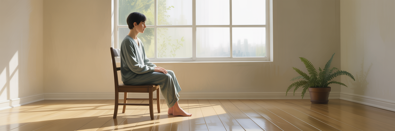 Person sitting upright with feet grounded.