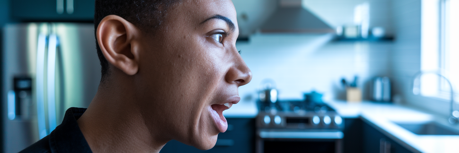 Person speaking a voice command in kitchen