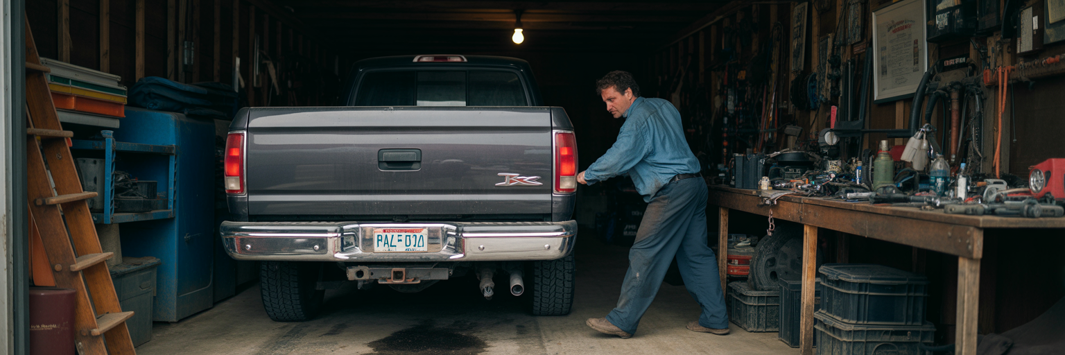 Person squeezing past truck in tight garage.