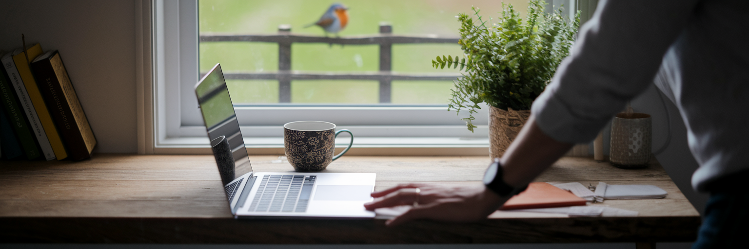 Person taking a break from home office desk