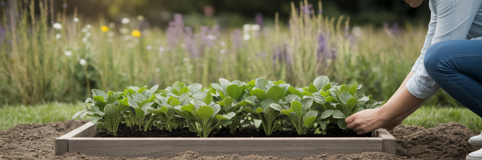 Person tending to a small, neat garden plot.