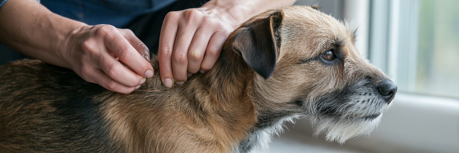 Person testing a terrier's wire coat.