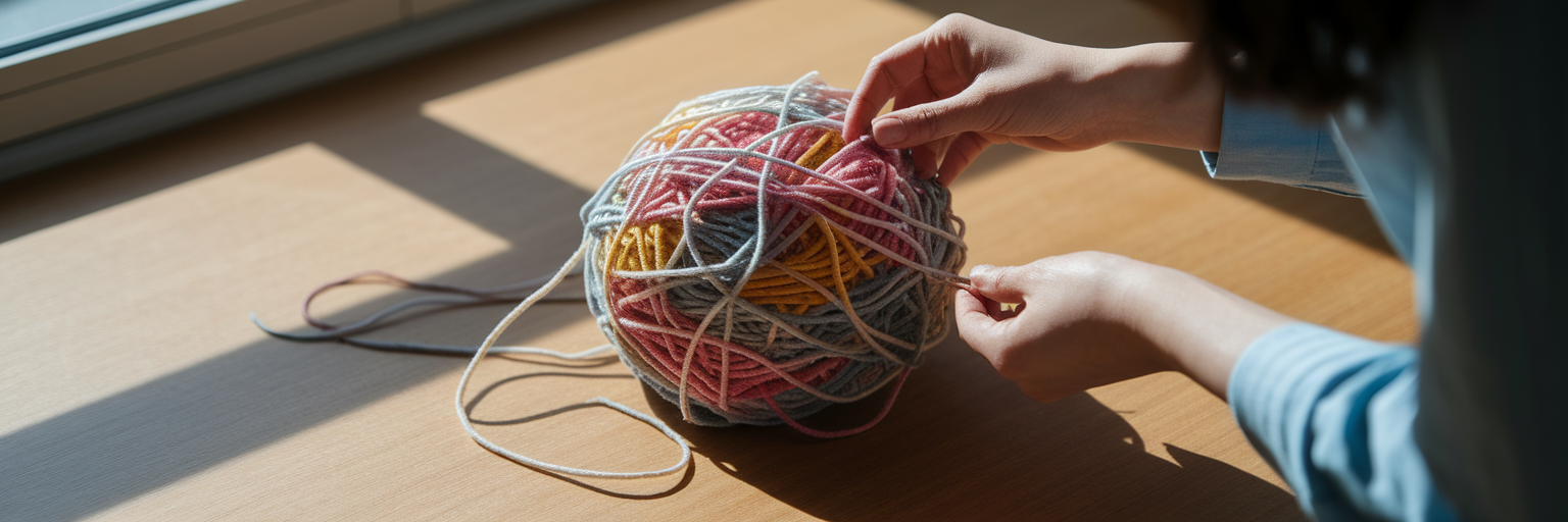 Person tracing a single strand in tangled yarn.