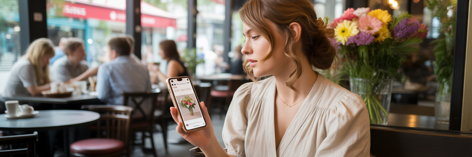 Person using mobile website in cafe