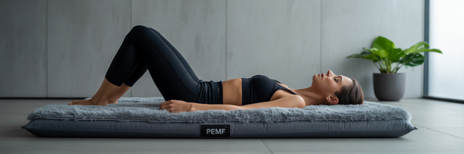 Person using PEMF mat for muscle recovery