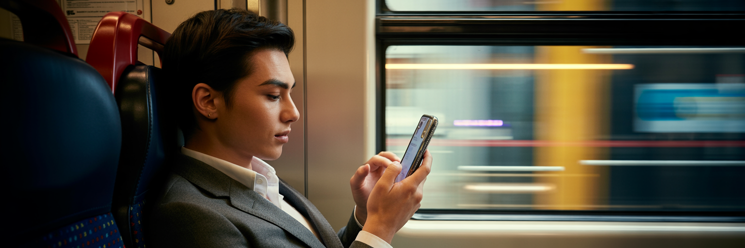 Person using phone one-handed on train.