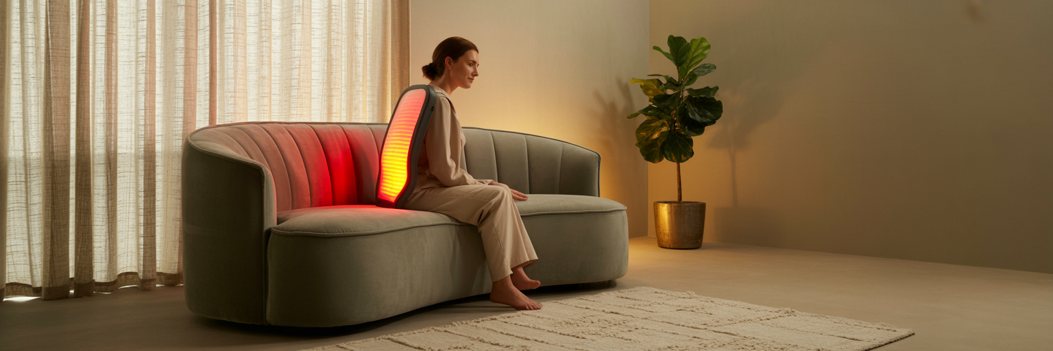 Person using red light therapy panel at home