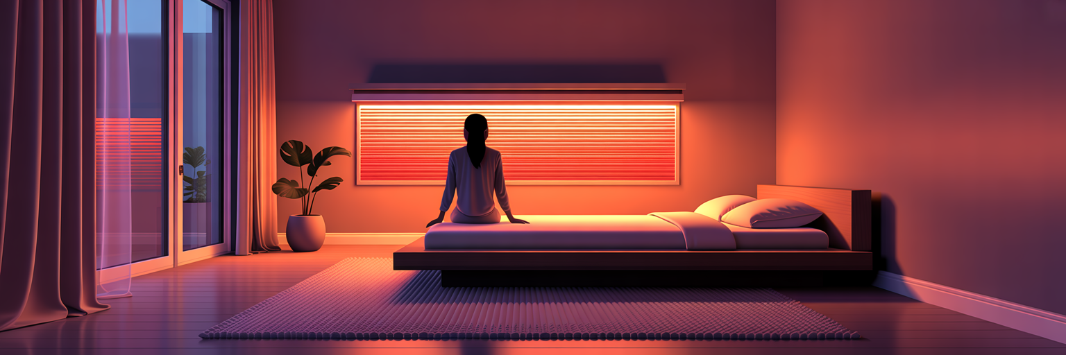 Person using red light therapy panel before bed.