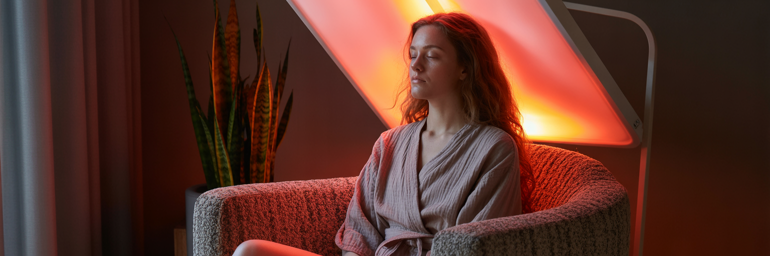 Person using red light therapy panel.