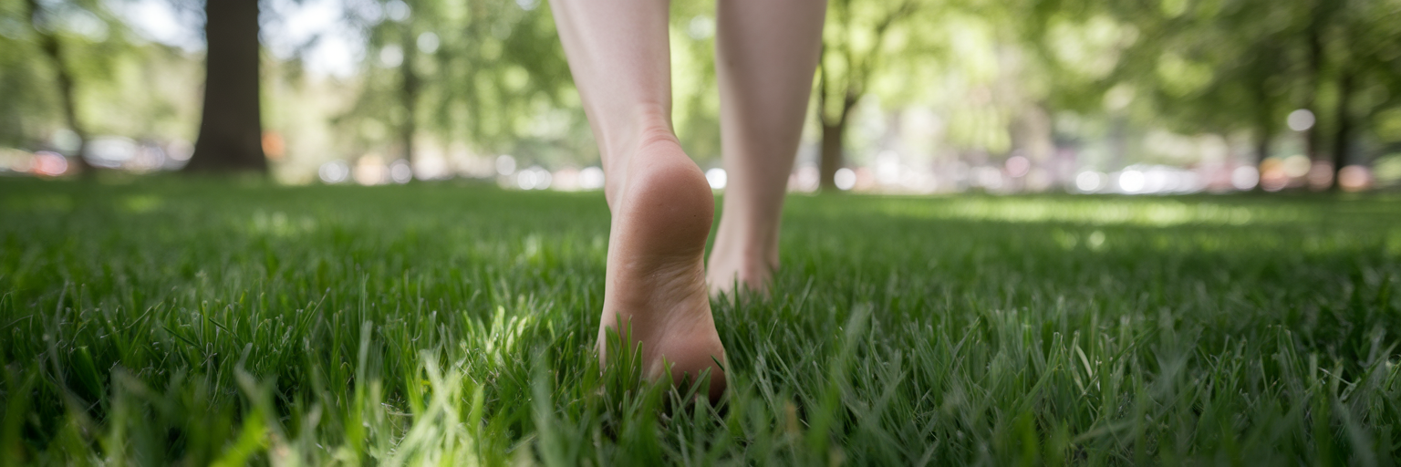 Person walking barefoot on green grass.