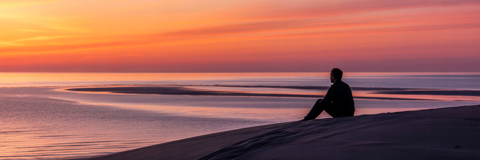 Person watching a serene coastal sunset.