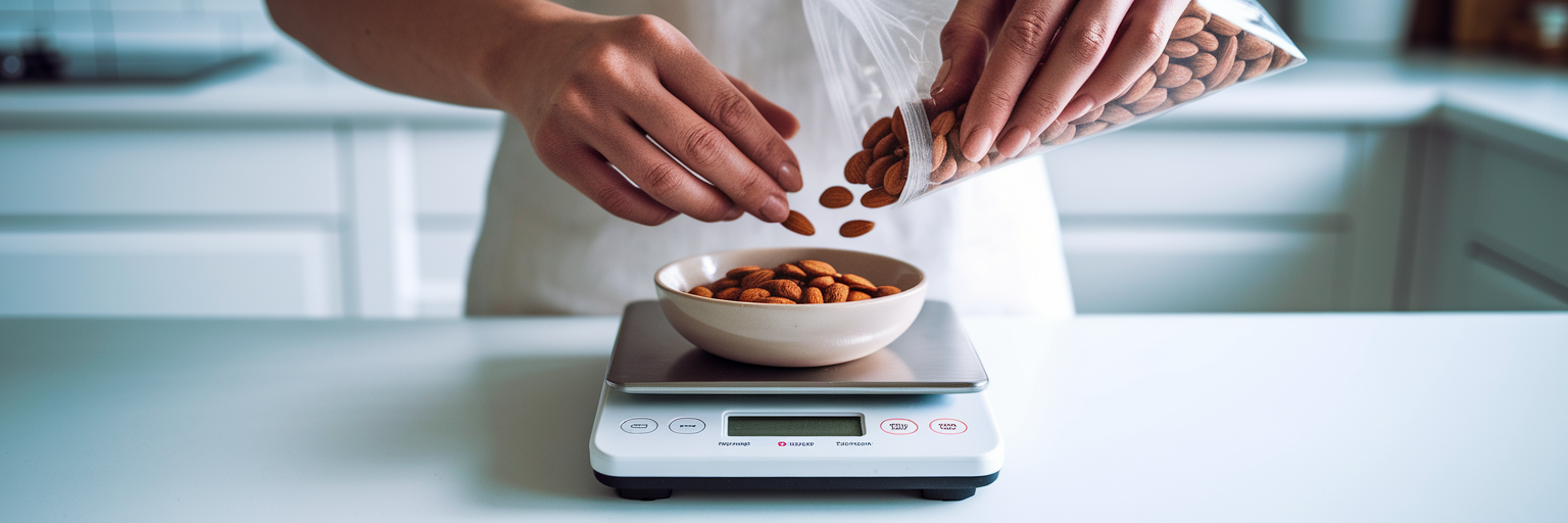 Person weighing almonds on digital scale.