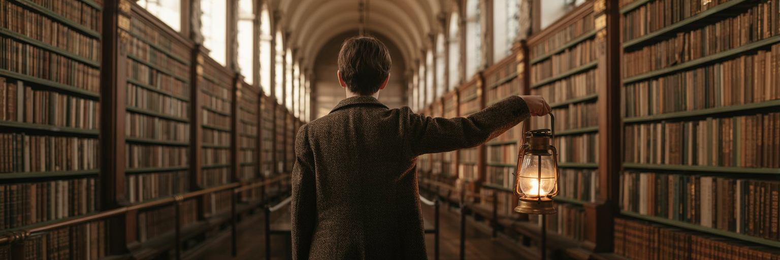 Person with lantern in vast historic library.