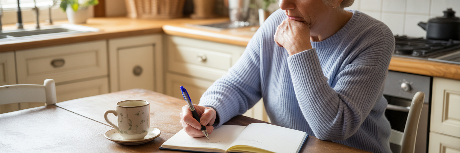 Person writing funeral wishes in notebook.