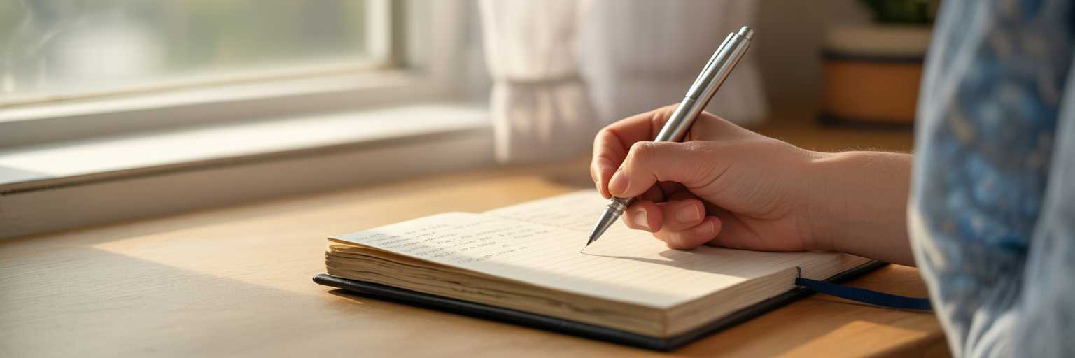 Person writing in a journal at desk.