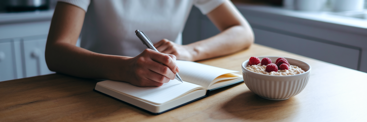 Person writing in a private journal at kitchen table.