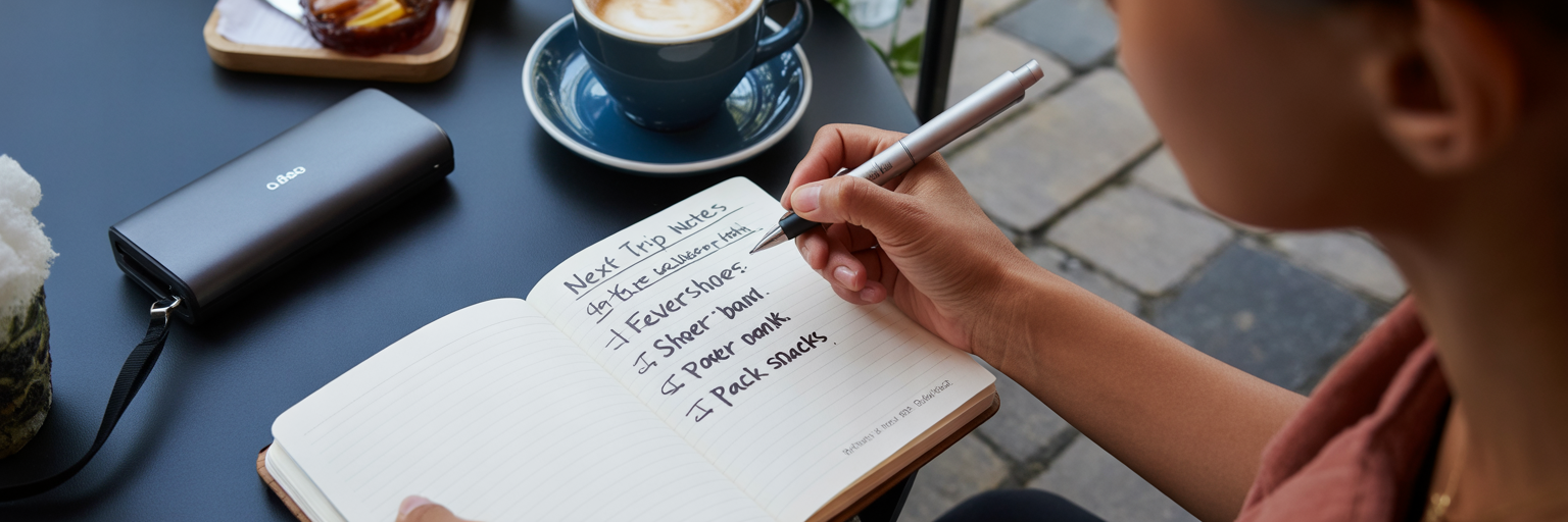 Person writing packing notes in journal.