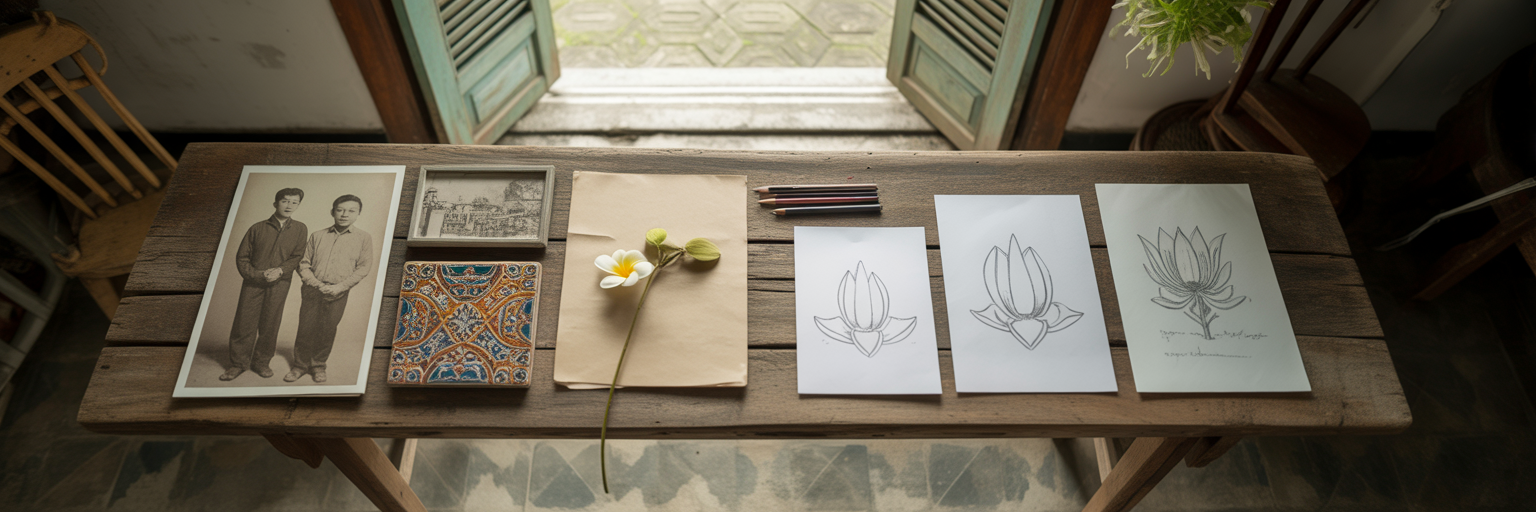 Personal items for tattoo inspiration on table.