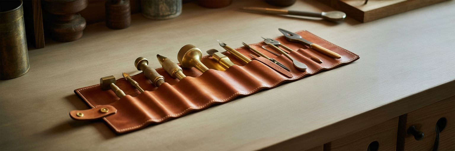 Personalized leather roll with unique tools.