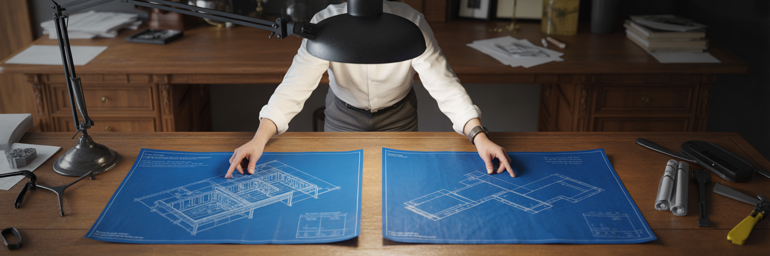 Personne analysant des plans pour une décision stratégique.