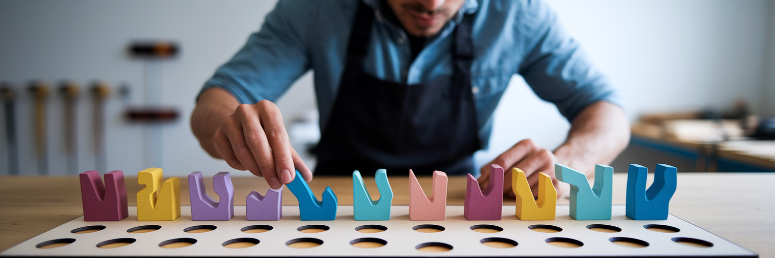 Personne classifiant des blocs de bois de formes uniques.