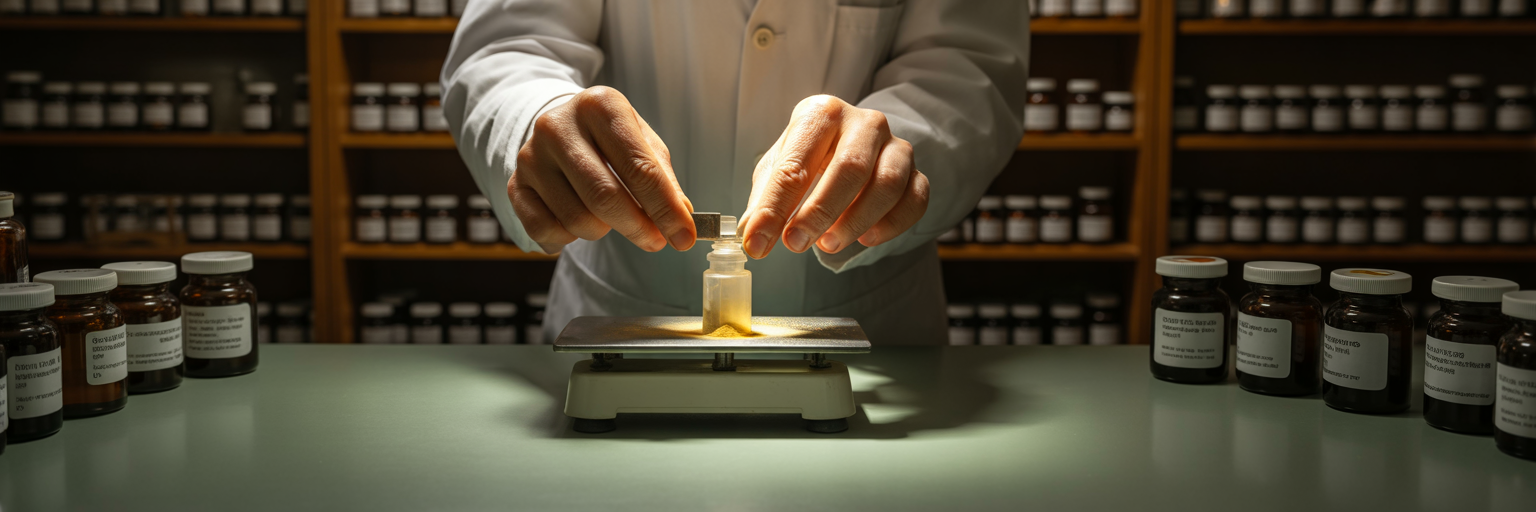 Pharmacist carefully measuring medication for safety.