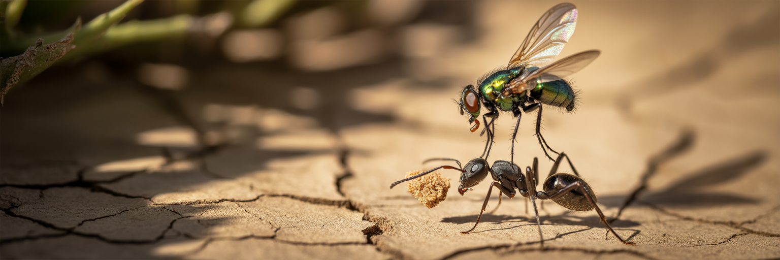 Phorid fly hovering over an ant.