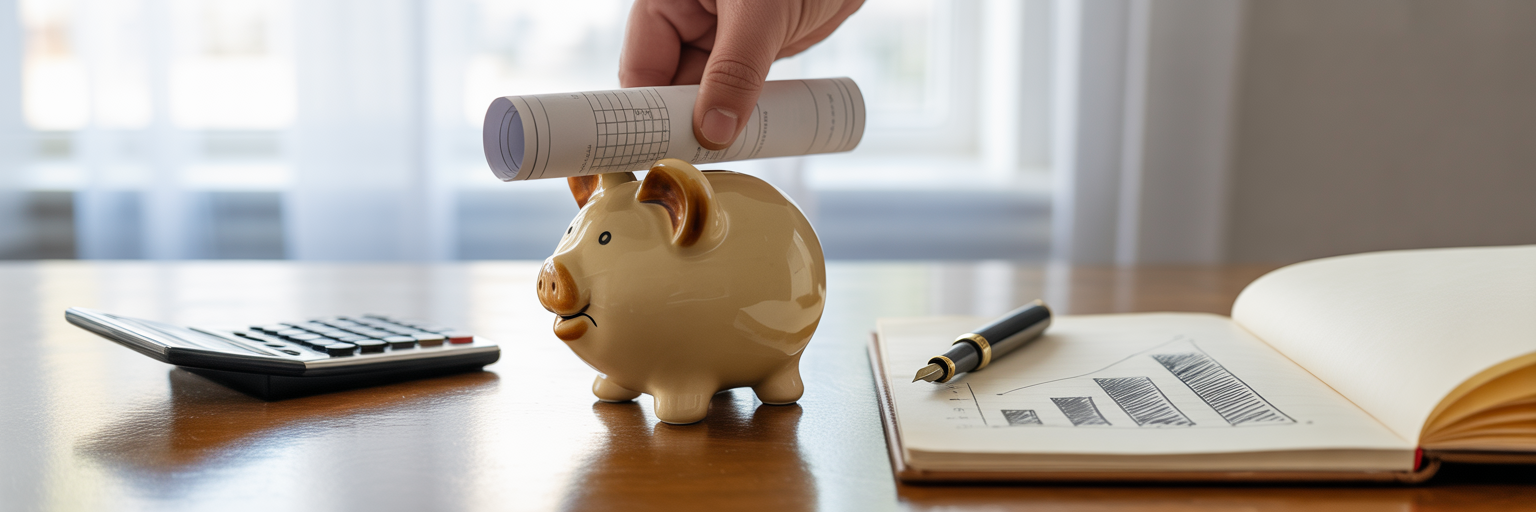 Piggy bank with blueprint representing investment.