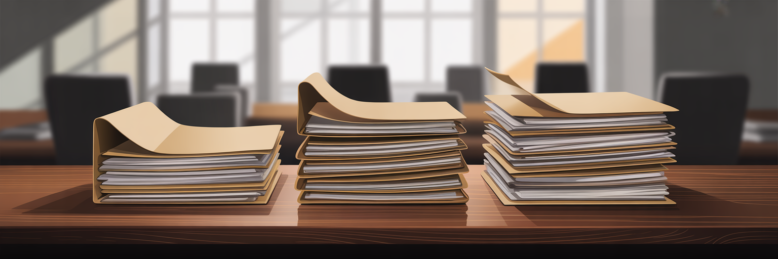Pilas de expedientes de extranjería organizados.