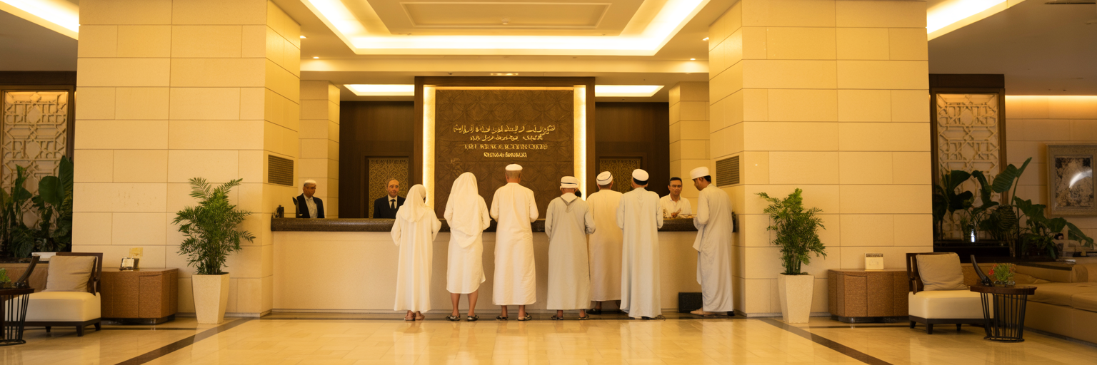Pilgrims in a 3-star hotel lobby.