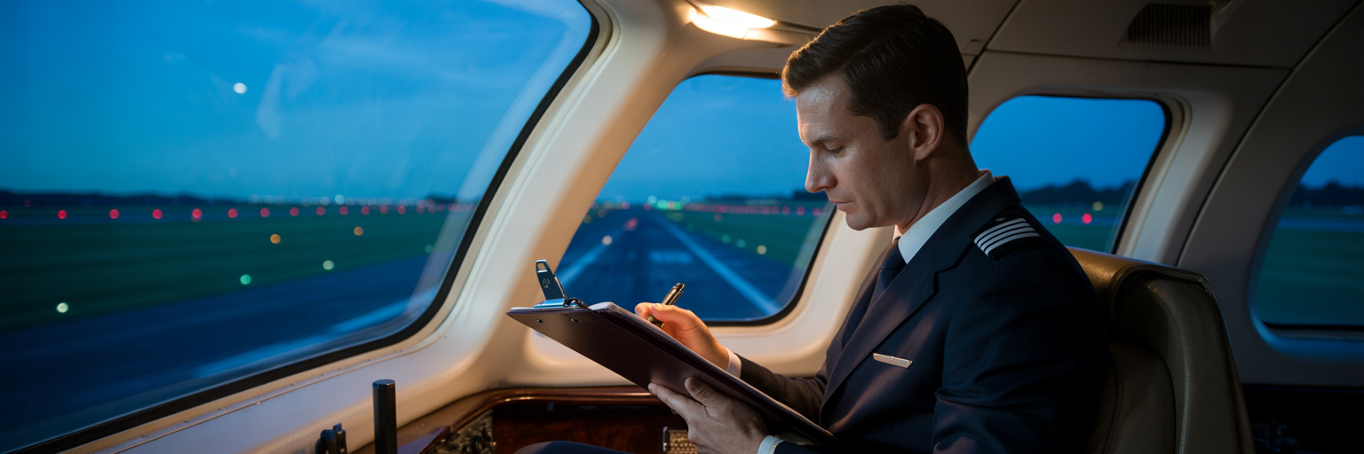 Pilot reviewing checklist in calm cockpit.