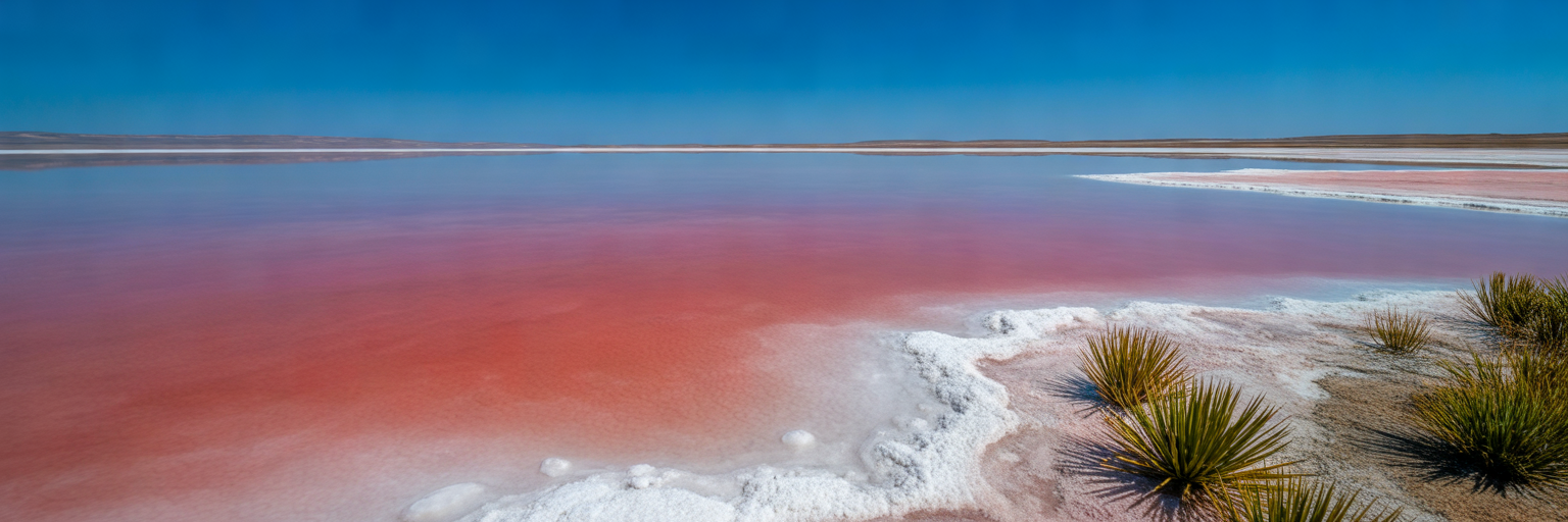 Pink hypersaline lake with salt crusts