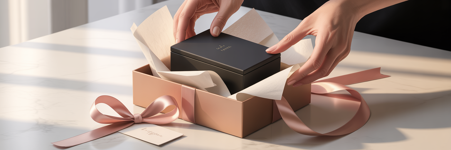 Placing a rectangle case into a gift box.