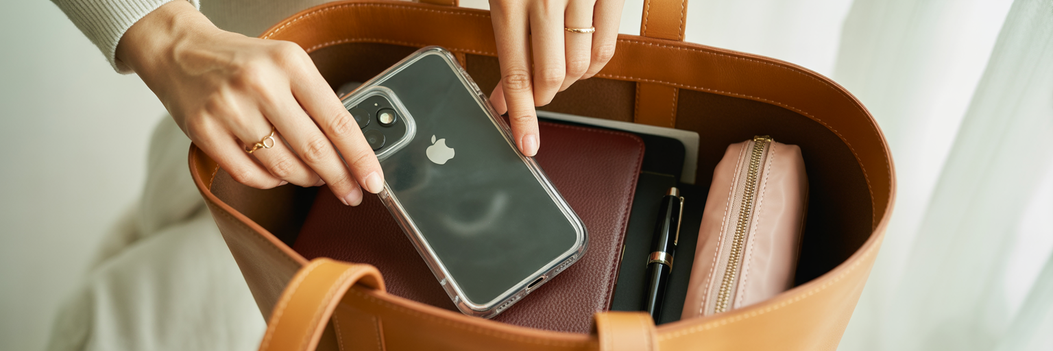Placing iPhone in rectangle case into tote.