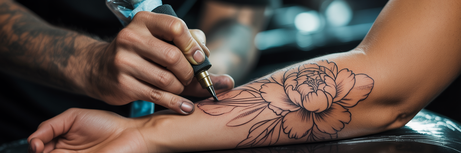 Planning floral tattoo placement on arm.