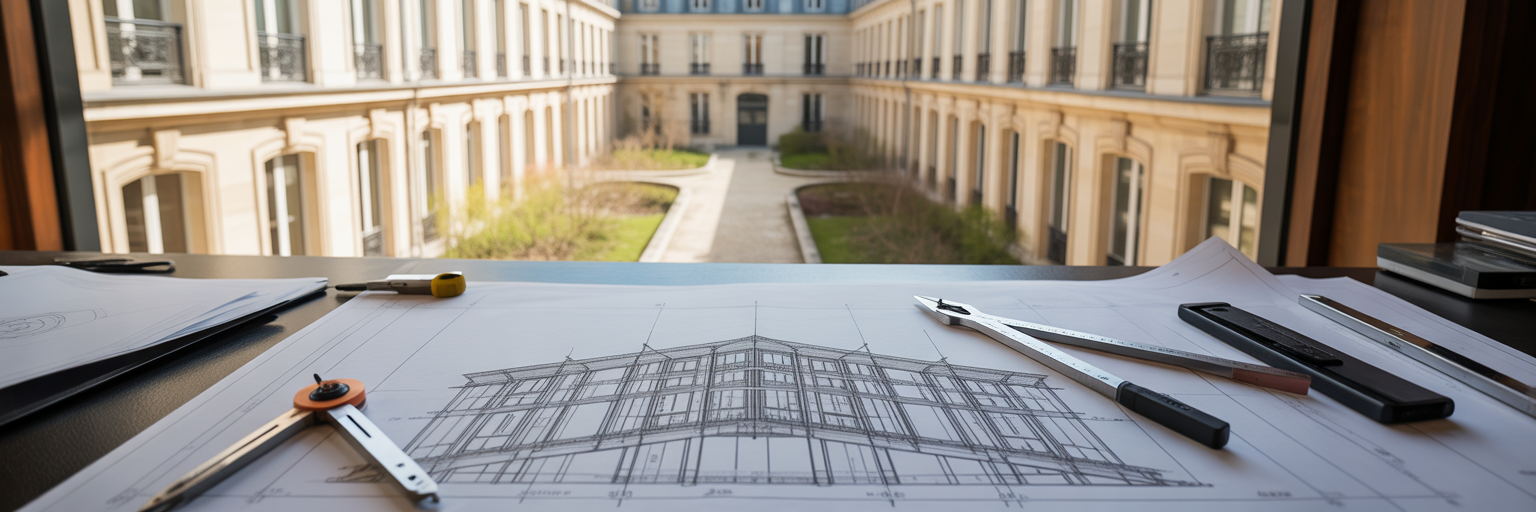 Plans d'architecte et outils de précision sur un bureau.