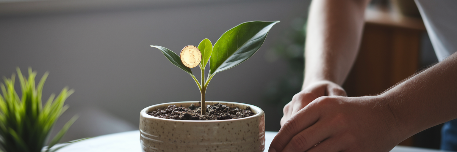 Plante avec une pièce d'or sur une feuille.