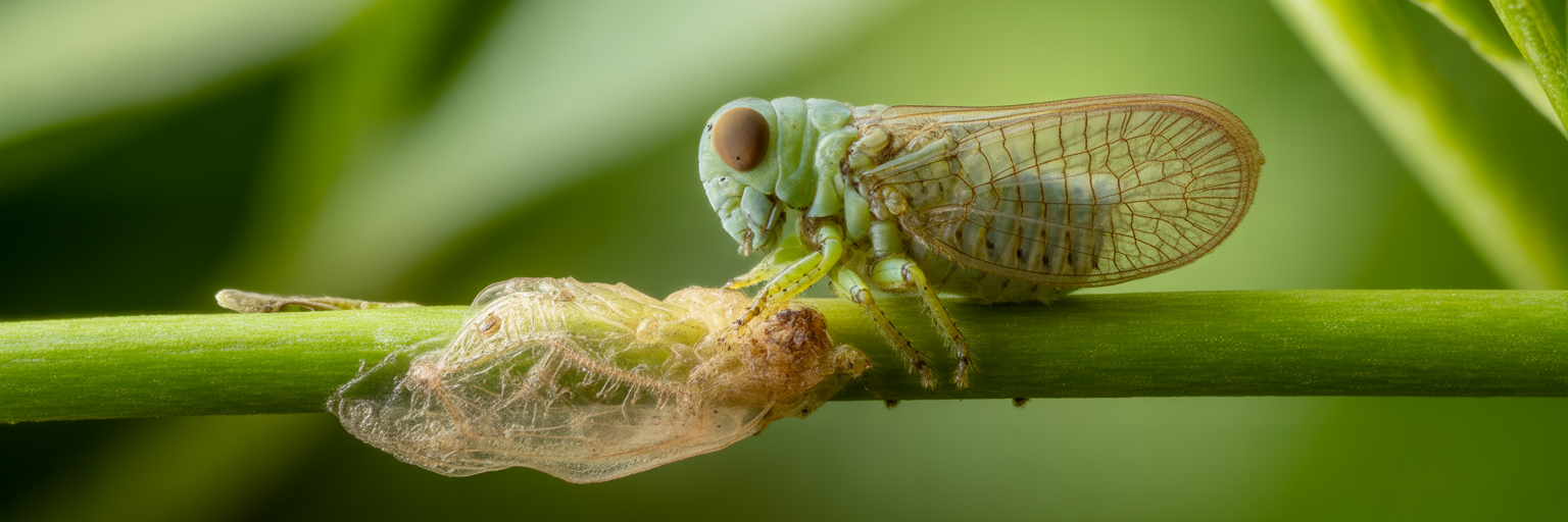 Planthopper nymph molting its exoskeleton