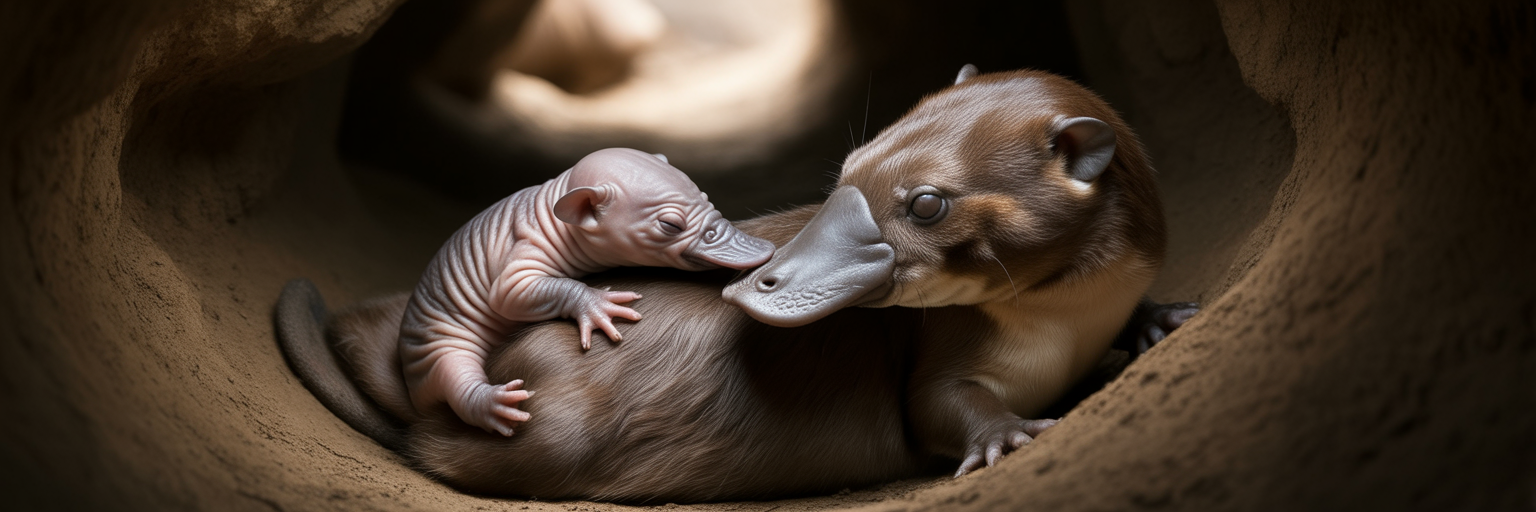 Platypus puggle feeding from mother's fur