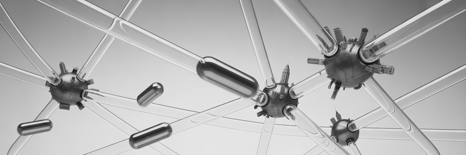 Pneumatic tubes connecting global cityscapes.