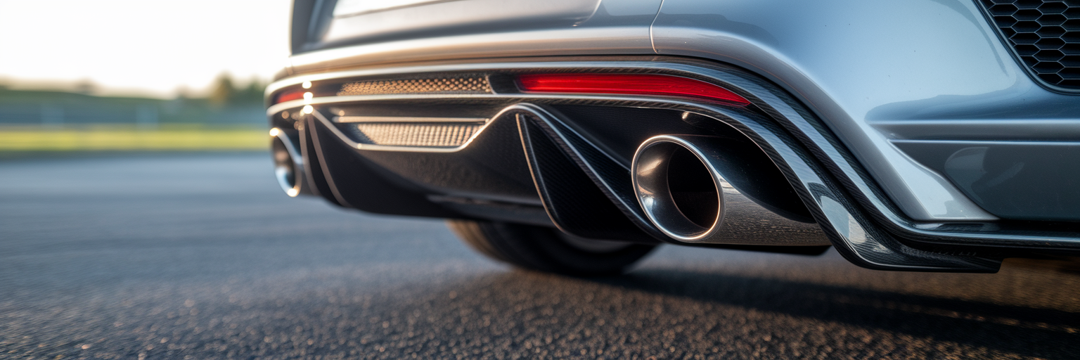 Polished performance exhaust tip on sports car.