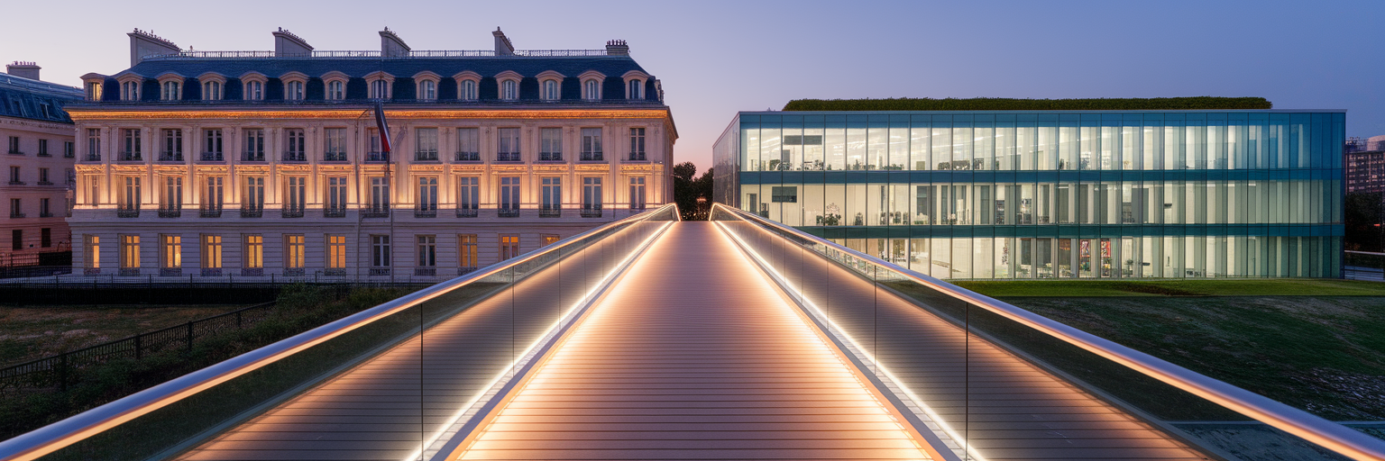 Pont connectant un bâtiment classique et un bâtiment moderne.