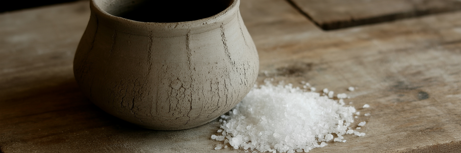 Porous clay pot next to salt crystals.