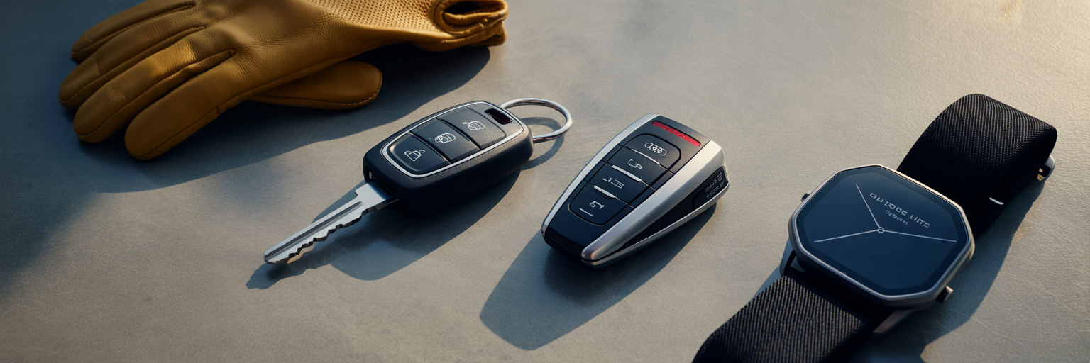 Porsche key with driving gloves beside Audi key with smartwatch.