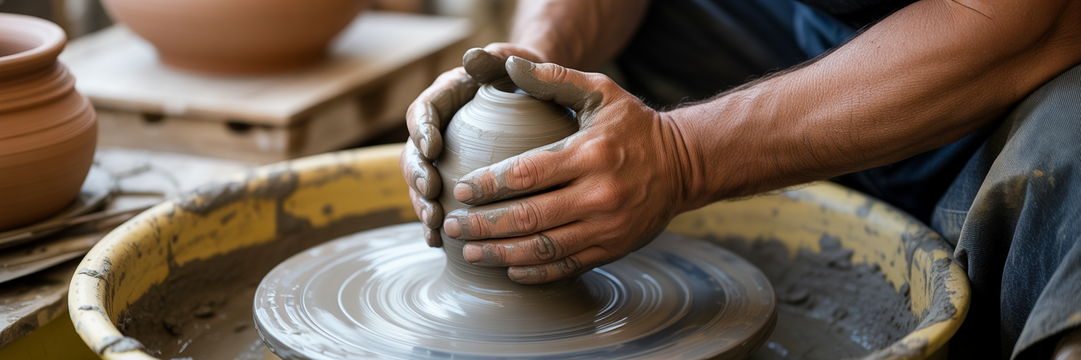 Potter's hands carefully shaping clay on wheel.
