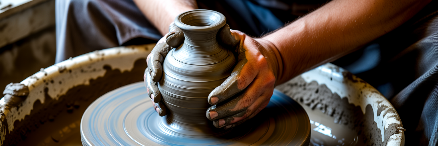 Potter's hands creating flawed symmetrical vase.