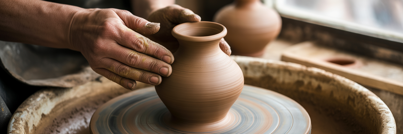 Potter's hands pausing over clay vase.