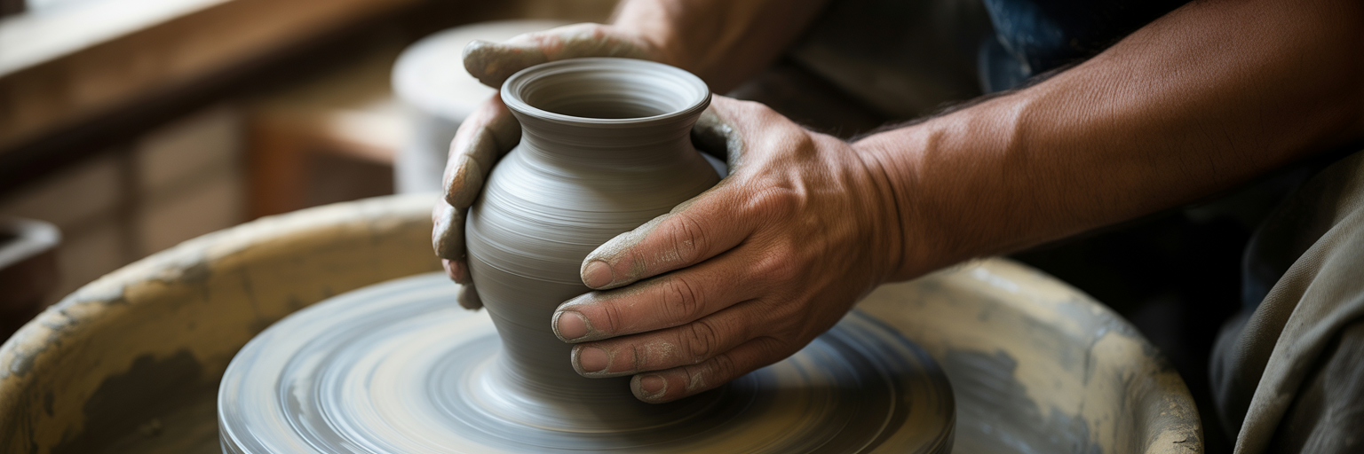 Potter's hands shaping clay on a wheel.
