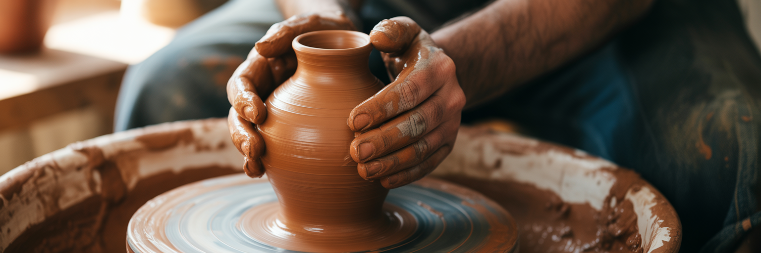 Potter's hands shaping clay on wheel.