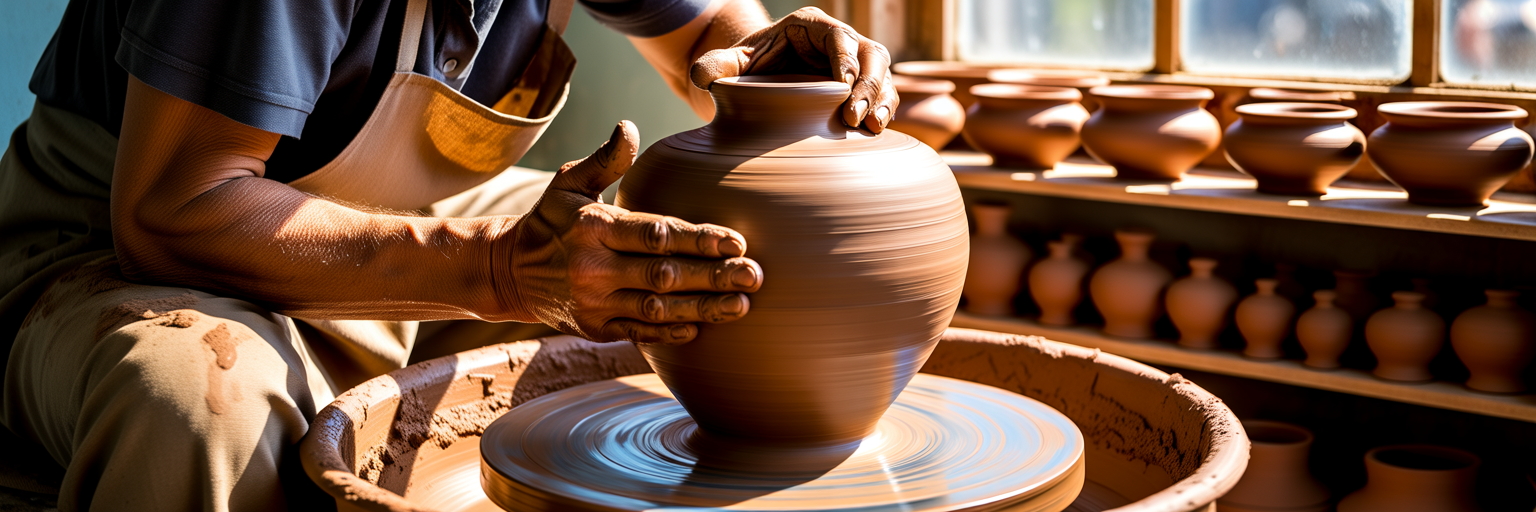 Potter shaping a clay vessel on a wheel.